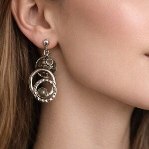Modern Abstract Silver Tone Sculptural Hammered Circles Dangle Earrings